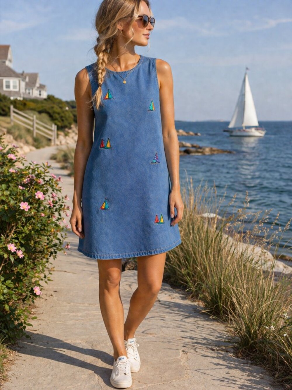 Vintage TY Wear Denim Sailboat Embroidered Shift Dress Coastal Nautical Size 10